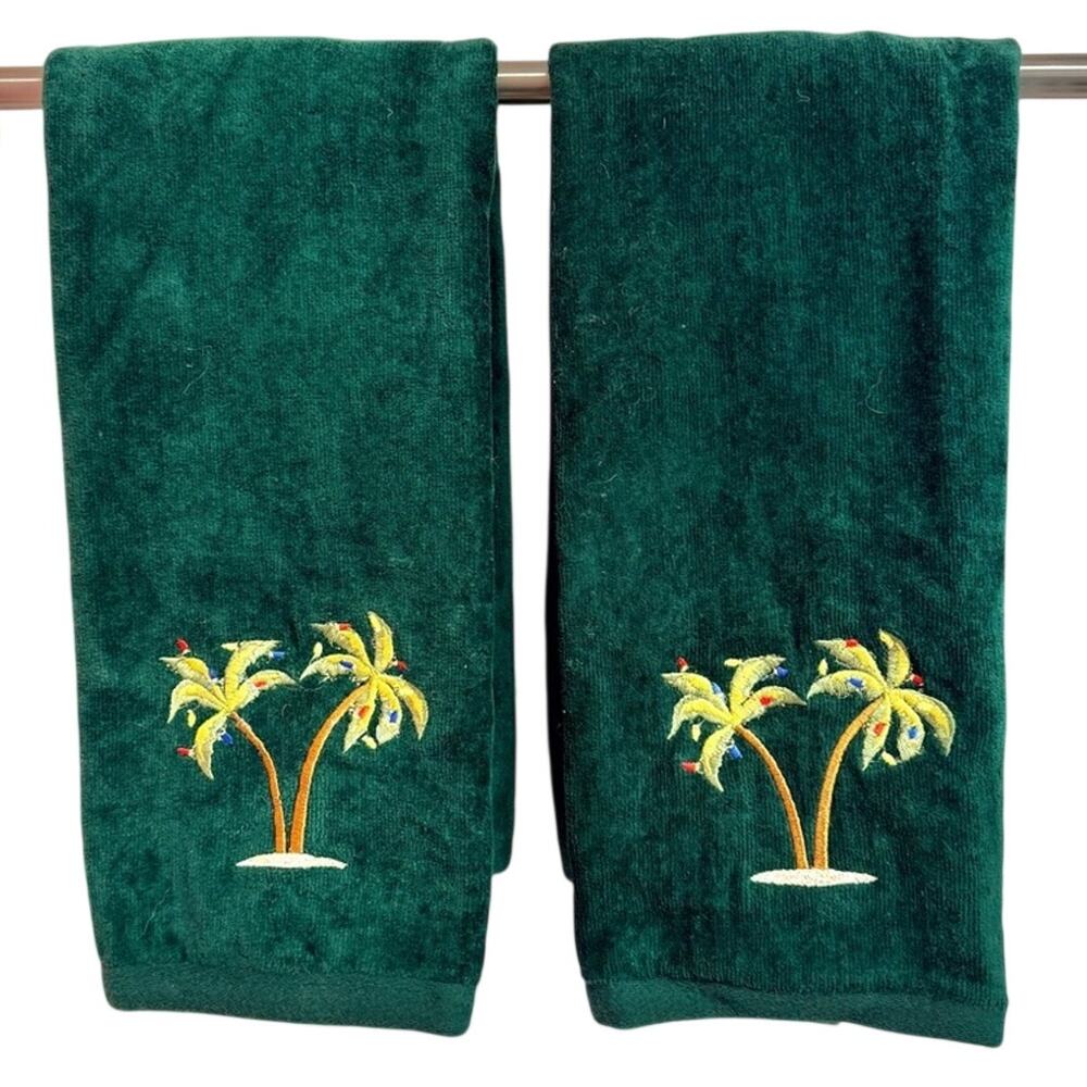 Green Embroidered Palm Tree Holiday Christmas Lights Hand Towels Set of 2 NEW